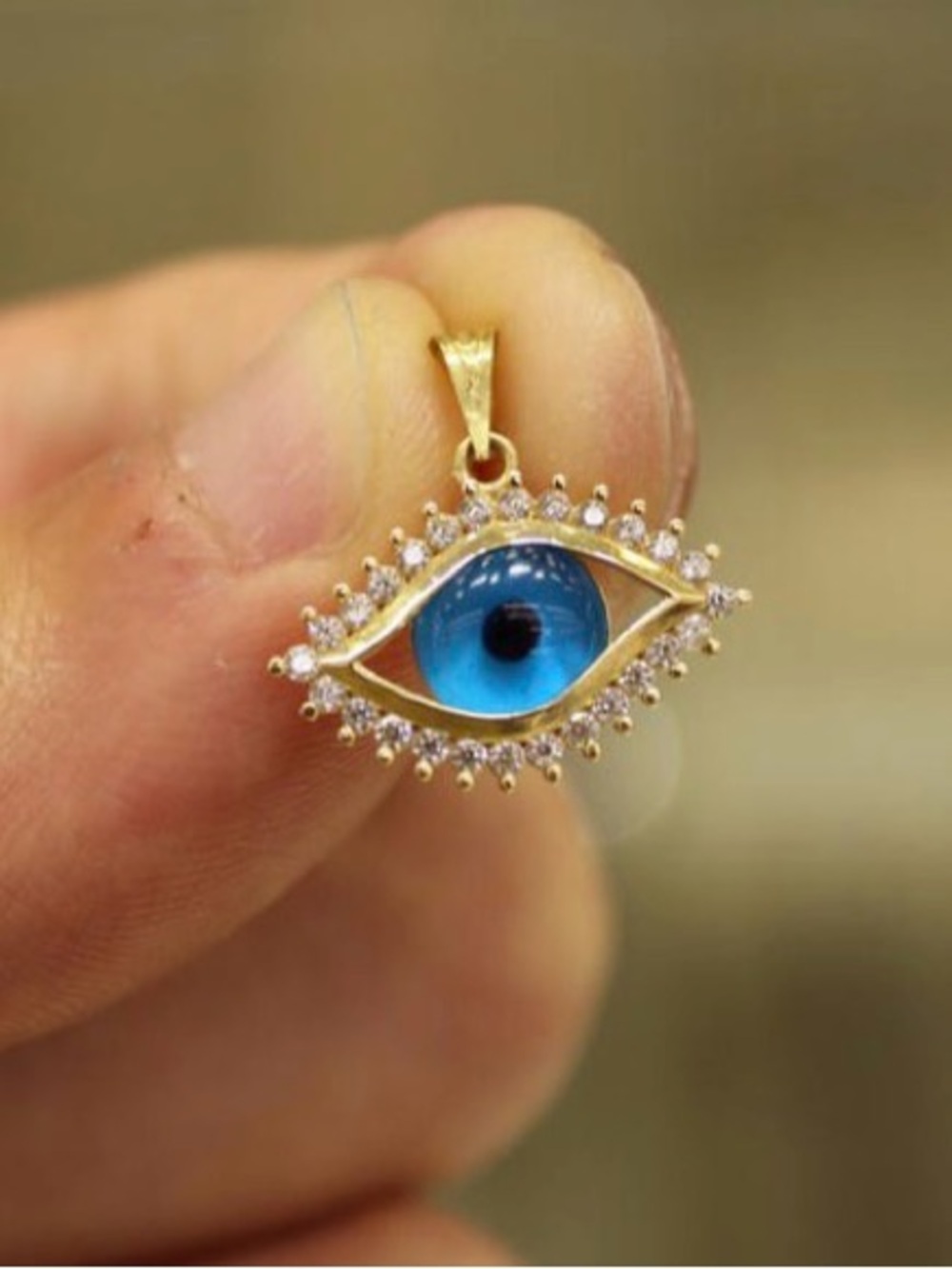 14k Solid Gold Evil Eye Nazar Pendant with Blue Iris and Cubic Zirconia gems